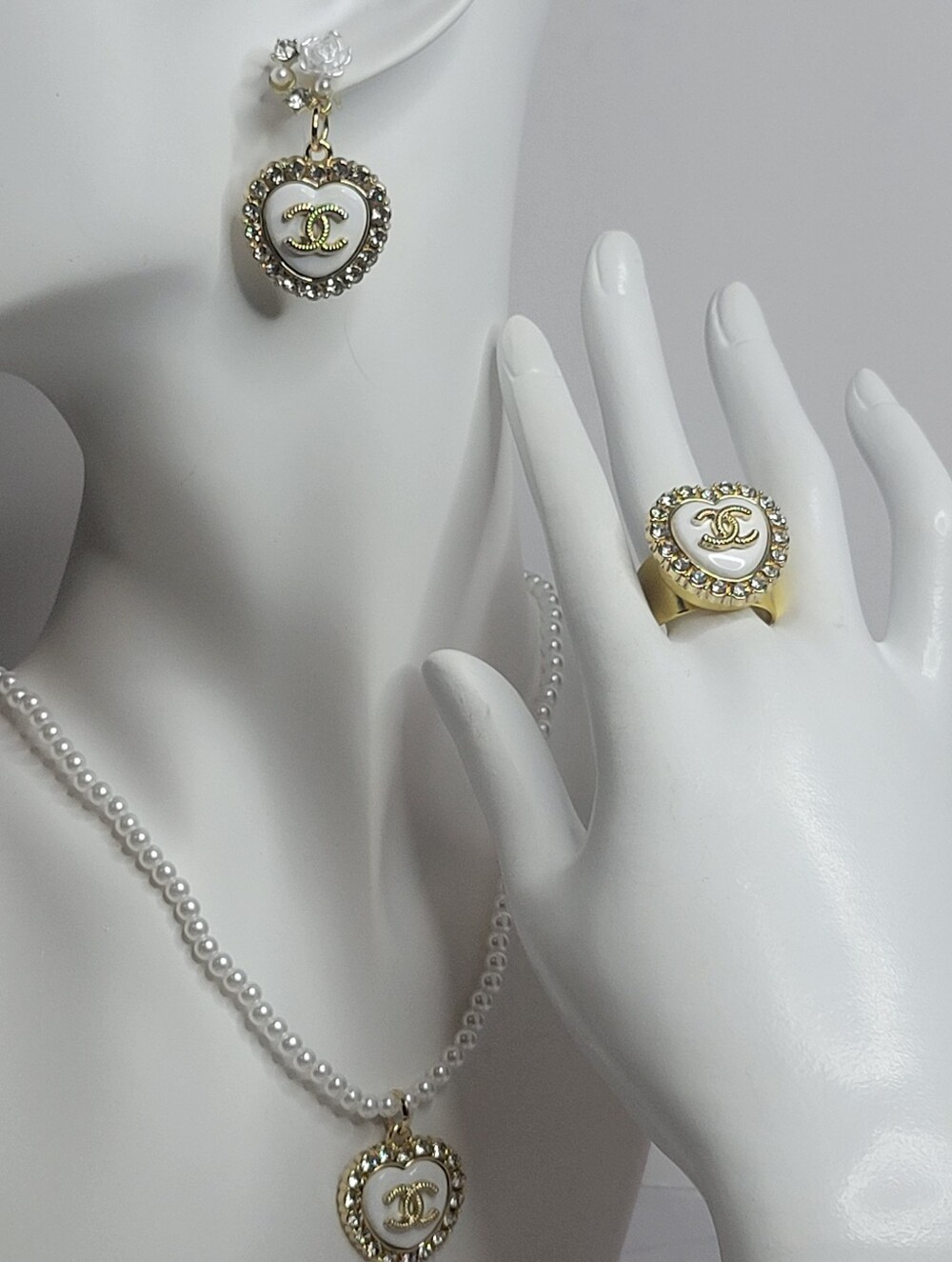 Pearl/Crystal CC Heart, Ring, Necklace, Earings SET